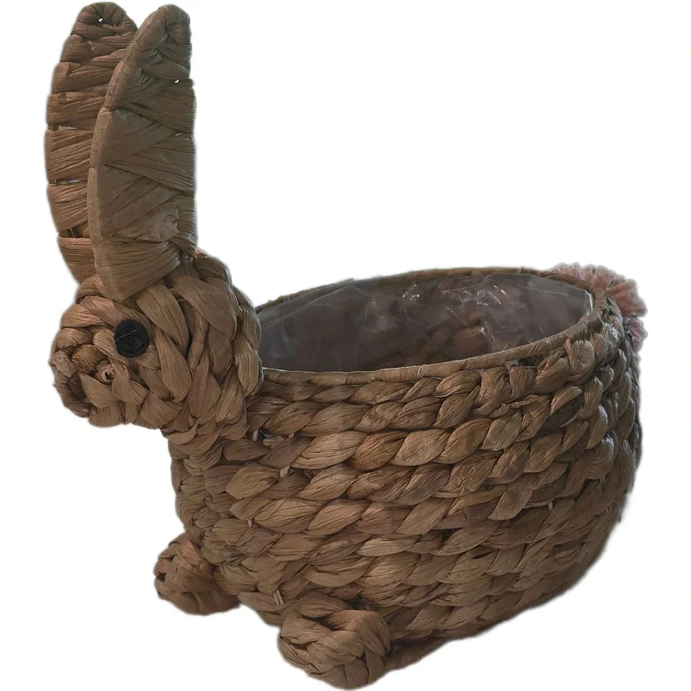 Woven Seagrass Bunny Basket Easter Rabbit Planter with Pink Pom Tail & Liner
